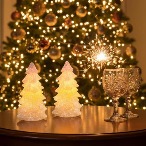 Glooglitter 2 Pcs 5.5 White Christmas Tree Flameless Candles Glittering Real Wax Flickering Battery Operated LED Handmade Carved Candles for Xmas Party Decoration Gifts