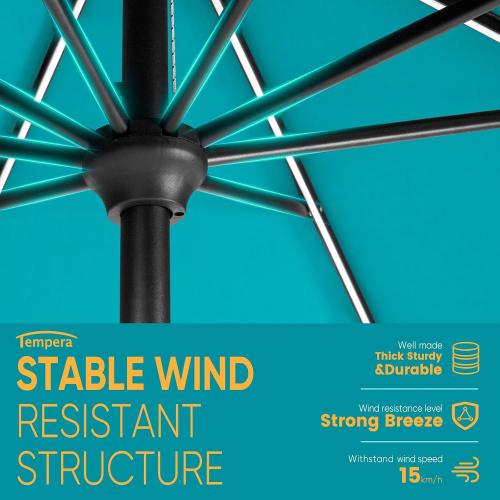Tempera Teal Solar Patio Umbrella 40 LED Lighted Outdoor Umbrella Table Market Umbrella with Push Button Tilt and Crank, Solar Umbrella with Sturdy Pole&Fade Resistant Canopy, Easy to Set