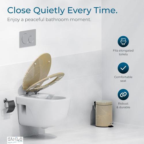 SANILO Wooden Toilet Seat with Soft Close [ELONGATED] - Decorative, Quiet & Slow Close Molded Wood Seat - With Strong Bumpers & Hinges - Adjustable Fit - Hosta