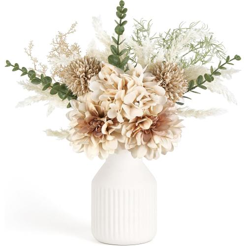 Mkono Fake Flowers in Ceramic Vase, 14 Coffee Table Centerpieces, Brown