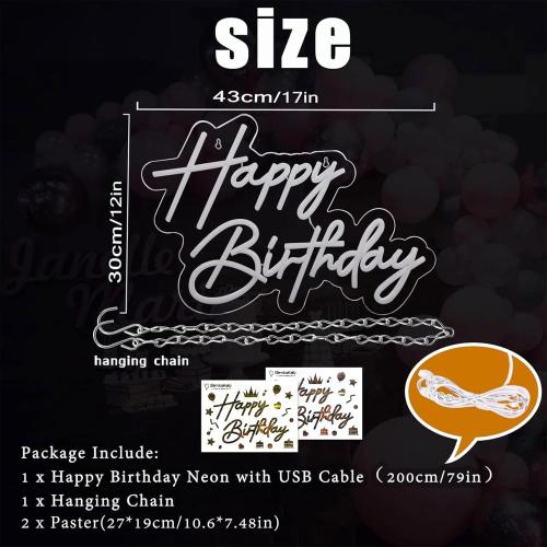 Happy Birthday Neon Sign for Wall Decor, 17×12 Inch White Led Neon Light Signs, Art Decoration Happy Birthday Neon Light Sign for All Birthday Party Decoration with 2 Pcs Pasters