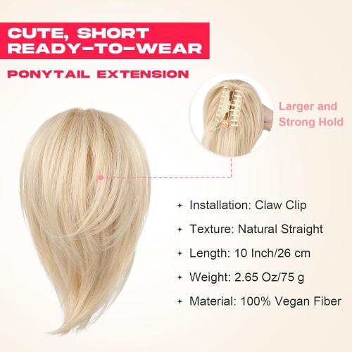 NTYNTY Ponytail Extension, 10 Short Claw Clip in Ponytail Hair Extensions Messy Bun Hair Piece Natural Soft Synthetic Straight Pony Tail Hair Pieces for Women - Natural Blonde