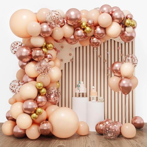 RUBFAC 143pcs Rose Gold Balloon Arch Kit Nude Pastel Pink Rose Gold Confetti Balloon Metallic Gold Balloon Garland for Baby Shower Birthday Wedding Bachelorette Party Decoration