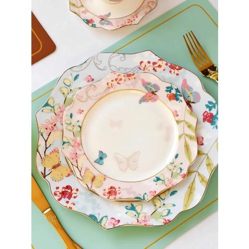 YBKTEX Ceramic Plate- Butterfly Pattern (Blue (10.5inches Flat Plate))