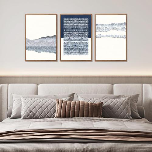 TOARTi Framed Canvas Blue White Abstract Illustration Wall Art (Set of 3, 16x24 inches) Boho Mid Century Modern Art Print, Neutral Minimalist Wall Decor for Living Room Bedroom Home Office