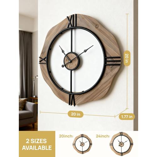 MASHI Large Wall Clock for Living Room Decor,Non Ticking Silent,Battery Operated Round Modern Wood Wall Clock for Farmhouse Home,Bedroom,Kitchen,School,Office Decor (20 Inch)