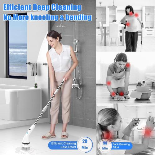 Cordless Spin Scrubber Electric Spin Scrubber with 6 Replaceable Brush Heads and Stainless Steel Adjustable Extension Handle, Bathroom Scrubber Electric Sink Scrubber Brush for Kitchen