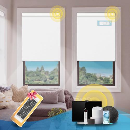 DENFOON Motorized Blinds with Remote,Thermal Electric Blinds【Solar Panel】,Customizable Automatic Roller Shades, Blackout Remote Control Blinds for Windows Upgrade to Smart Blinds, White,34 W x 72 H
