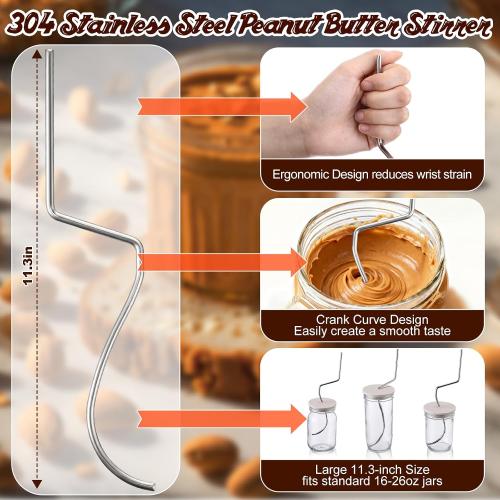 Natural Peanut Butter Stirrer Kit,304 Stainless Steel for 16-26 oz Jars