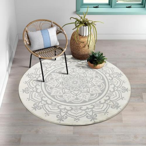 Carvapet 2' Small Round Area Rug Chic Boho Mandala Print Circle Rugs Non Slip Machine Washable Floor Mat Soft Throw Rug for Powder Room Entryway Bathroom Nursery Bedside Floor Decor Ivory Grey