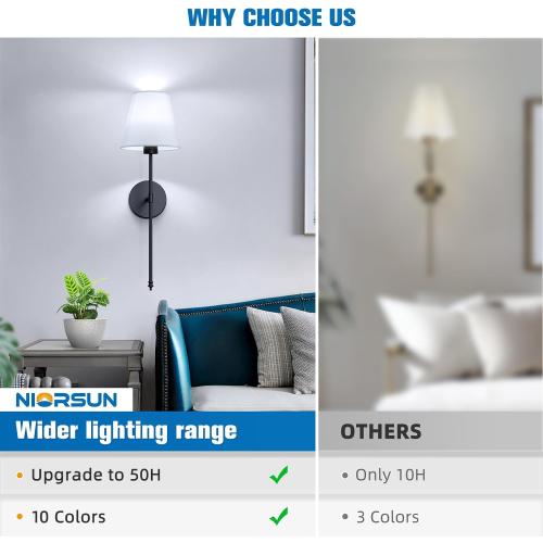 NIORSUN Battery Operated Wall Sconce Set of 2,Black Rechargeable Wall Lights with 5200mAh Dimmable Detachable Bulbs and Remote, 10 Colors Wireless Wall Lamps for Bedroom Living Room Hallway Decor