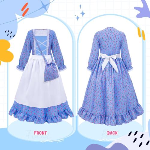 Meland Pioneer Dress for Girls - Colonial Floral Costume with Bonnet, Apron & Purse, Pionner Outfit for Girls 3-10 Years