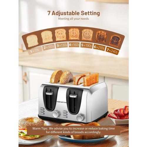 Keenstar Toaster 4 Slice, Bread Toaster with Dual Control Panels Extra-Wide Slot of Bagel/Defrost/Cancel Function, 7 Toasting Bread Shade Settings, Removable Crumb Trays, Auto Pop-Up, Stainless Steel
