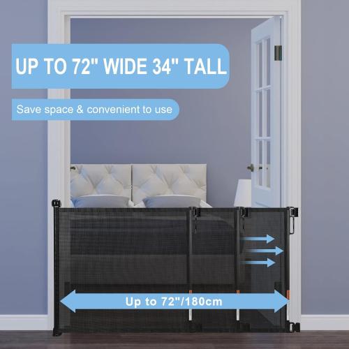 PRObebi Retractable Baby & Pet Gate - 34 Tall, Extends to 72 Wide, Mesh Gate for Doorways, Stairs, Hallways, Indoor/Outdoor (Black)
