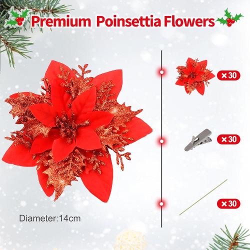SPORTYOUTH 30 Pcs Red Poinsettia Artificial Christmas Flowers with Clips Stems, 5.5 Xmas Tree Decoration Ornaments Glitter Poinsettias Flower for Wreath Garland New Year Holiday Wedding Home Party