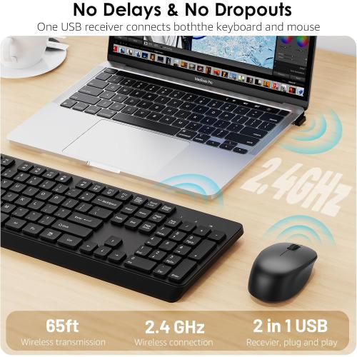BKA BYA Wireless Keyboard and Mouse Combo,Full Size Quiet Keyboard and Mouse, 2.4GHz USB Receiver, Cordless Silent Keyboard and Mouse for PC, Windows, MAC, Laptop, Black