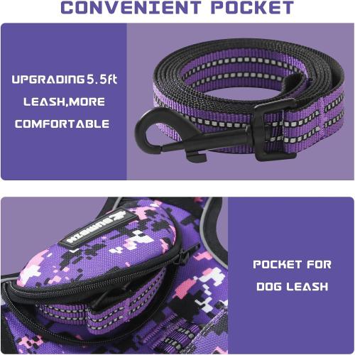 Size M No Pull Dog Harness for Medium Dogs, Adjustable No Choke Pet Vest with Dog Leash Fit Smart Reflective Pet Walking Harness for Training Easy Control Soft Handle Purple Camo