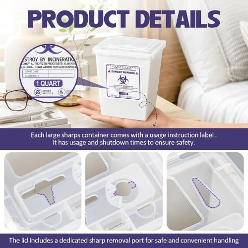 Hushee 6 Pack 1 Quart Sharps Container for Home Use, Multi-Purpose Small Portable Container for Home, Travel, Professional and Personal Use, Translucent Lid, Permanent or Temporary Closure
