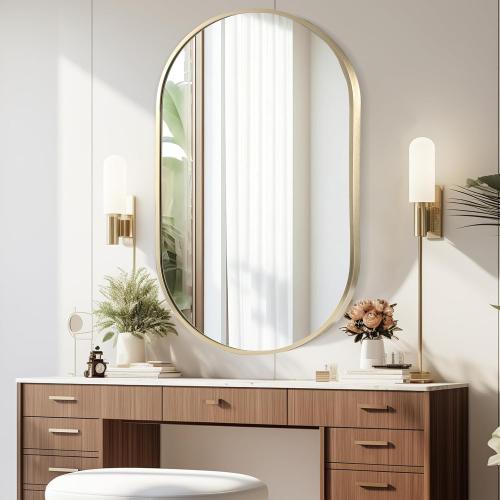 Gold Oval Mirror,  Oval Bathroom Mirror, Vanity Mirror with Brushed Metal Frame, Wall Mount Mirrors Decor for Bathroom, Bedroom, Entryway, Living Room(Hangs Horizontally or Vertically)