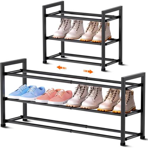 Bumusty 3-Tier Expandable Shoe Rack for Closet, 18“-33” Adjustable Shoe Rack for Small Space, Small Shoe Organizer for Front Door, Sturdy Metal, Black