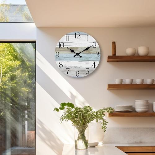 HYLANDA Wall Clock, 14 Inch Wall Clocks Battery Operated Silent Non Ticking, Large Wooden Clocks Decorative for Kitchen, Bathroom, Bedroom, Living Room Blue White