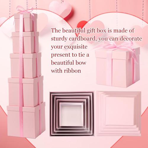 Cholemy 5 Pcs Square Nesting Boxes Decorative Gift Boxes with Lid and Ribbon Assorted Sizes Wrap for St. Patrick's Day, Carnival, Anniversary, Birthday, Bridal Shower Party Gifts(Pink)