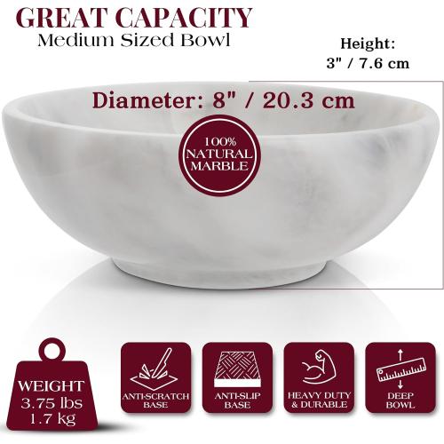 Gusto Nostro 8 Luxury White Marble Decorative Bowl for Coffee Table - Elegant Modern Fruit Bowl for Kitchen Counter - Heavy Stone Entryway Catch all for Keys, Jewelry, Potpourri Holder - Medium Size