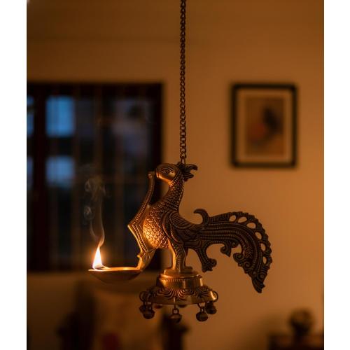 eSplanade Brass Diya Indian Pooja lamp| Hanging Brass Deepak Deepam Kuthu Vilakku| with Bells (Peacock).