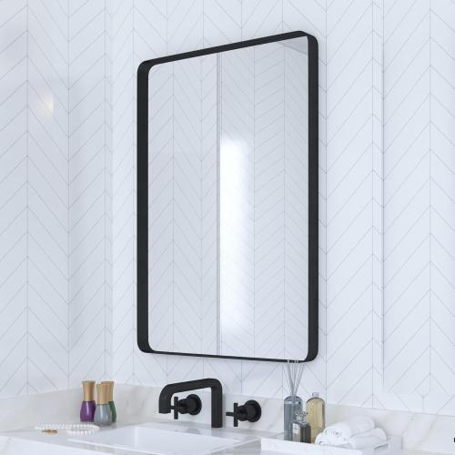 VocalStar Black Metal Framed Bathroom Mirror for Wall, 22 x 30 Inch Rounded Rectangle Matte Black Bathroom Vanity Mirror Farmhouse, 1/4-inch Shatterproof Glass | Ultra-Flush Hanging