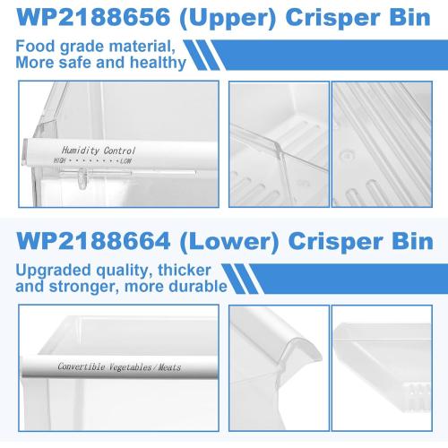 [2 PACK]UPGRADED 2188656 (Upper) Refrigerator Crisper Bin & 2188664 (Lower) Fridge Crisper Drawer Replacement Compatible with Kenmore Whirlpool Refrigerator Drawers Parts with Humidity Control