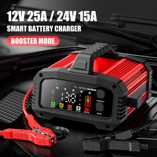 Black and Red 25A Battery Charger, 2/8/20/25 Amp 12V/24V LiFePO4 Lead Acid Fully Automatic Battery Maintainer with Engine Start, 8-Stage Car Battery Trickle Charger, Desulfator for AGM,STD,Gel,Deep Cycle Batteries