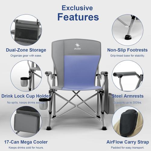 Size XL Color Grey and blue Heavy Duty Camping Chair 396lb Capacity (525lb MAX) - Waterproof 1680D Oxford - Oversized 2 Thick Padded Seat with Cup Holder & Cooler - Portable for Camping, Beach, Tailgating Slate/Navy
