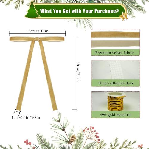 24Pcs Christmas Bows 5 x 7 Inch Velvet Bows for Christmas Tree 3/8 Inch Wide Christmas Tree Bows Vintage Velvet Ribbon (Khaki)