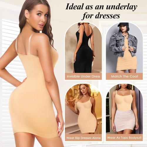 Women's Shapewear Slips for Under Dresses Tummy Control Full Slip Dress Seamless Body Shaper Spaghetti Strap Cami Dress