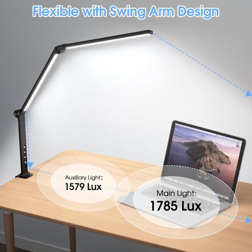 Black ShineTech LED Desk Lamp with Clamp, Architect Lamp for College Dorm & Home Office, Dual Lights with 4CCCT & 5 Brightness Levels for Sewing, Studying, Working