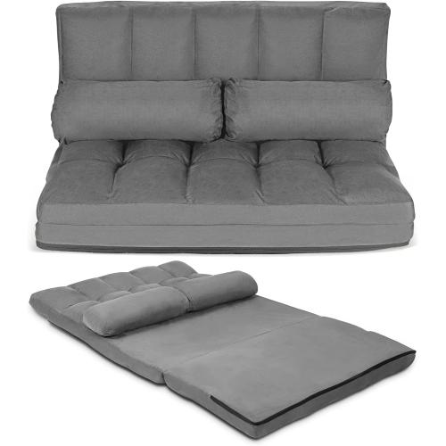 COSTWAY Floor Sofa Couch with 2 Pillows, Foldable 6-Position Adjustable Lazy Sofa Bed Sleeper with Metal Frame, Soft Suede Fabric, Gaming Playing Lounge Recliner for Adults (Grey)