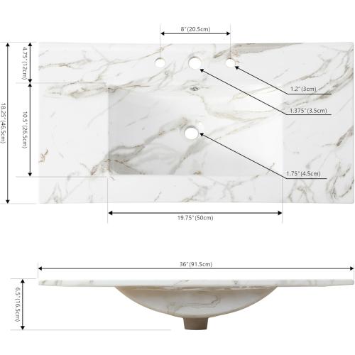 JONATHAN Y SNK1003C Ancillary 3-Hole 36 in. W x 18.25 in. D Classic Contemporary Rectangular Ceramic Single Sink Basin Vanity Top, White Marble Effect