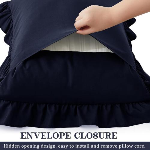 KKJIAF Ruffle Pillow Cases Queen Size Set of 2, Ruffled Pillow Covers with Envelope Closure, Wrinkle Resistant Ruffled Pillow Shams 20 x 30, Navy Blue