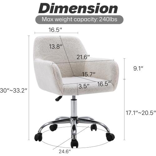 KCC Faux Fur Vanity Makeup Desk Chair, Comfy Fluffy Swivel Modern Leisure Armchair with Wheels, Upholstered Fuzzy Height Adjustable for Teens Women Girls Elegant Home Office