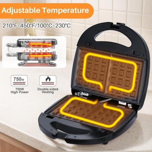 3-in-1 Waffle Maker with Removable Plates, Breakfast Sandwich Press Precise 210°F-450°F/100°C-230°C Control, Easy Clean, Meet Various Needs (3-in-1 Waffle Maker)