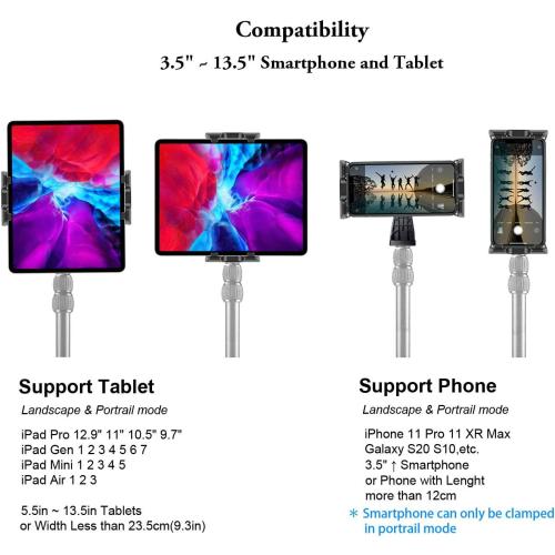 IPad Tripod Mount Adapter 360 Degree Rotatable Universal Tablet Clamp Holder for iPad Pro 12.9 11 10.5, iPad Air Mini, Surface Tab, Galaxy Tab and 3.5 to 13.5in Phone Tablet, for Tripod, Monopod