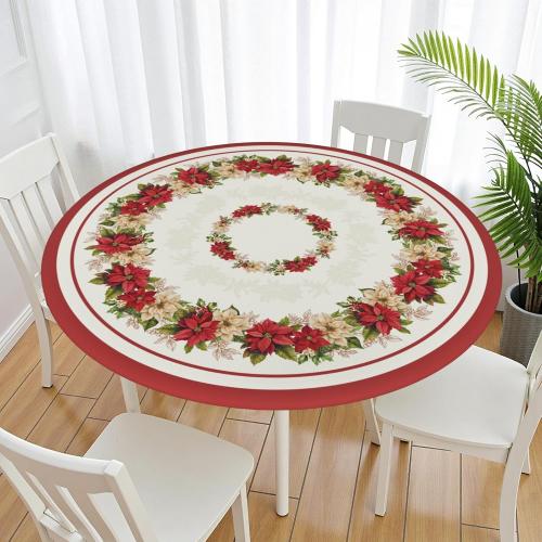 Christmas Round Fitted Tablecloth with Elastic for 40-44 Inch Tables Winter Floral Leaves Print Fitted Table Cover Waterproof Holiday Theme Farmhouse Indoor Outdoor Patio Picnic Party Decor