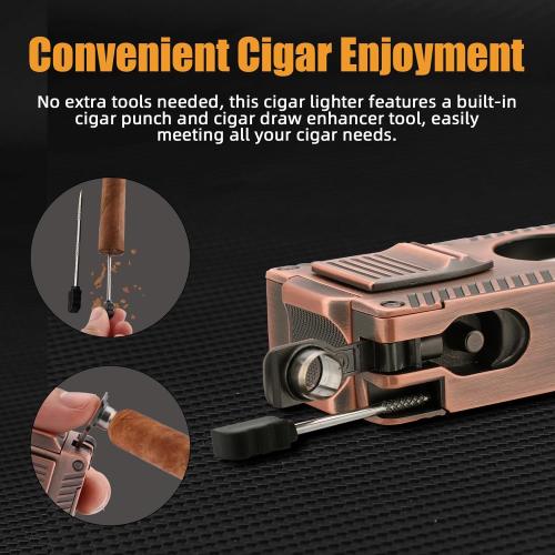 Cigar Torch Lighter - All-in-1 Lighter with Built-in Cigar Holder, Punch, Draw Enhancer & Cutter for Smoking - Double Jet Flame Refillable Butane Lighter - Gift for Men
