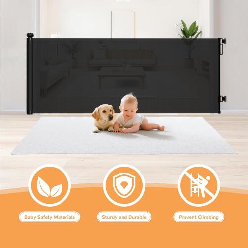 Retractable Baby Gate for Stairs - 34 Tall Extends to 55 Wide Mesh Baby Gate with Anti-Crawling Hook, Adjustable Baseboard Bracket, Pet Gate for Doorways, Hallways, Indoor, Black
