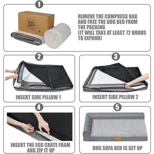 Patas Lague Orthopedic Dog Bed Large Sized Dog 36''X24'', Waterproof L Bolster Medium Pet Sofa Beds with Removable Washable Cover, Soft Comfortable Pet Couch Crate Mat with Nonskid Bottom, Black