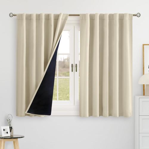 BGment Beige*** 100% Blackout 48 Inch Curtains for Small Window, Rod Pocket and Back Tab Double Layer Black Out Thermal Insulated Room Darkening Curtain for Kitchen, 2 Panels, Each 42 x 48 Inch