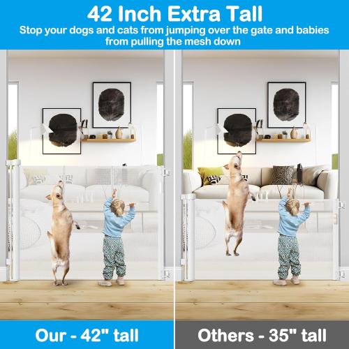 42 Inch Extra Tall Retractable Baby Gates with Reinforced Strips 55 Inch Wide Outdoor Retractable Dog Gate No Sag Extra Tall Baby Gate for Doorway Anti-Scratch Mesh Gates for Kids or Pets, White