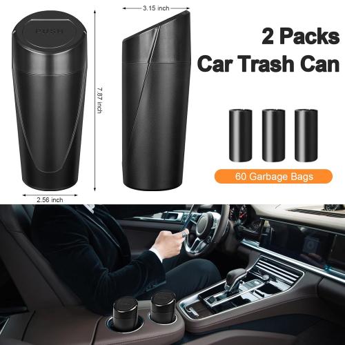 Pack of 2 Car Trash Can, 2 Packs Mini Car Trash Bin with Lid, Leakproof Cup Holder Car Garbage Can with 60 Trash Bags, Vehicle Front Back Seat Organizers and Storage for Car, Home, Office, Black