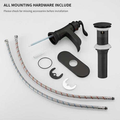 BWE Matte Black Bathroom Faucet, Waterfall Bathroom Faucet Sink Lavatory Single Hole Faucets One Handle Bath Antique with Brass Pop Up Drain Stopper Mixer Tap Overflow Water Supply Line