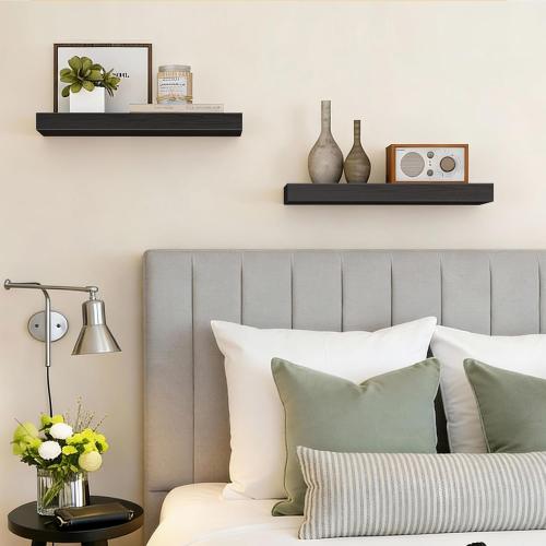Fixwal Floating Shelves for Wall, 15.7 Wood Wall Mounted Shelves for Living Room, Bedroom, Bathroom and Kitchen, for Storage, Books, Room Decor (Black, Set of 2)
